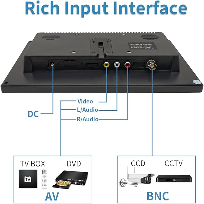10.1 inch LCD Security Monitor & Displays, 1024 * 600 Resolution,BNC/AV Input, Built-in Dual Speakers Portable Monitor, Suitable for TV CCTV DVD CCD