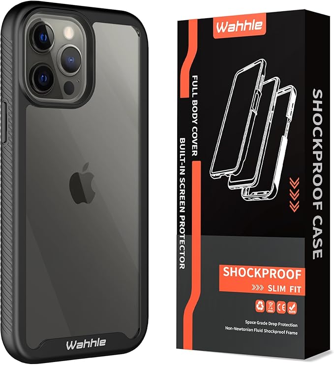 wahhle Compatible with iPhone 12 Pro Max Case, Built in Screen Protector Full Body Shockproof Slim Fit Bumper Protective Phone Cover 6.7'' Men Women-Black/Clear
