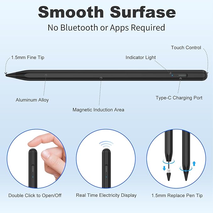 Stylus Pen for iOS&Android Touch Screens, Active Pencil for Samsung, Smart Digital Stylus Pens for Lenovo/Huawei/Vivo/Mi and Other Tablets, iPhone/Samsung/Google Pixel Smart Phones Drawing&Writing