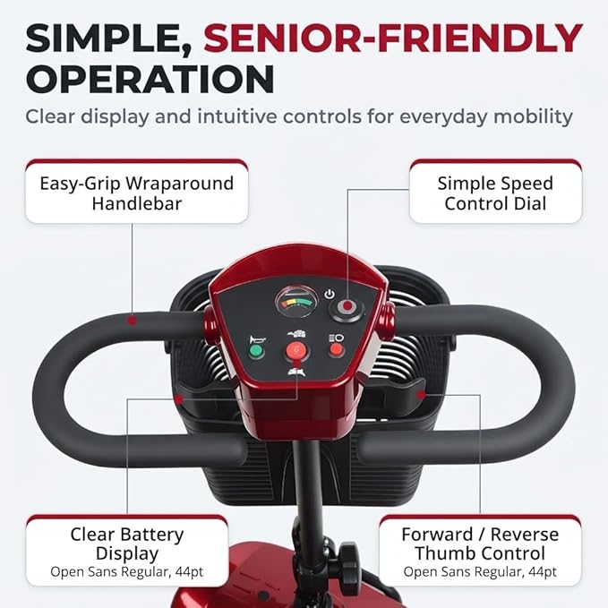 Mobility Scooter 4-Wheel for Seniors, Airport Approved, 264 Max Load Capacity, Portable Motorized Scooters Mobility Aid with Removable Seat, Detachable Front Basket & LED Headlights Red