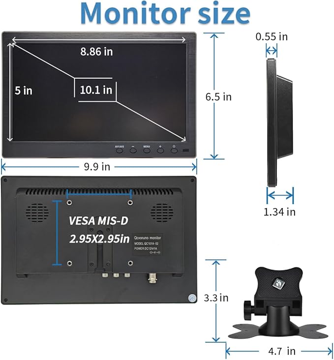 10.1 inch LCD Security Monitor & Displays, 1024 * 600 Resolution,BNC/AV Input, Built-in Dual Speakers Portable Monitor, Suitable for TV CCTV DVD CCD