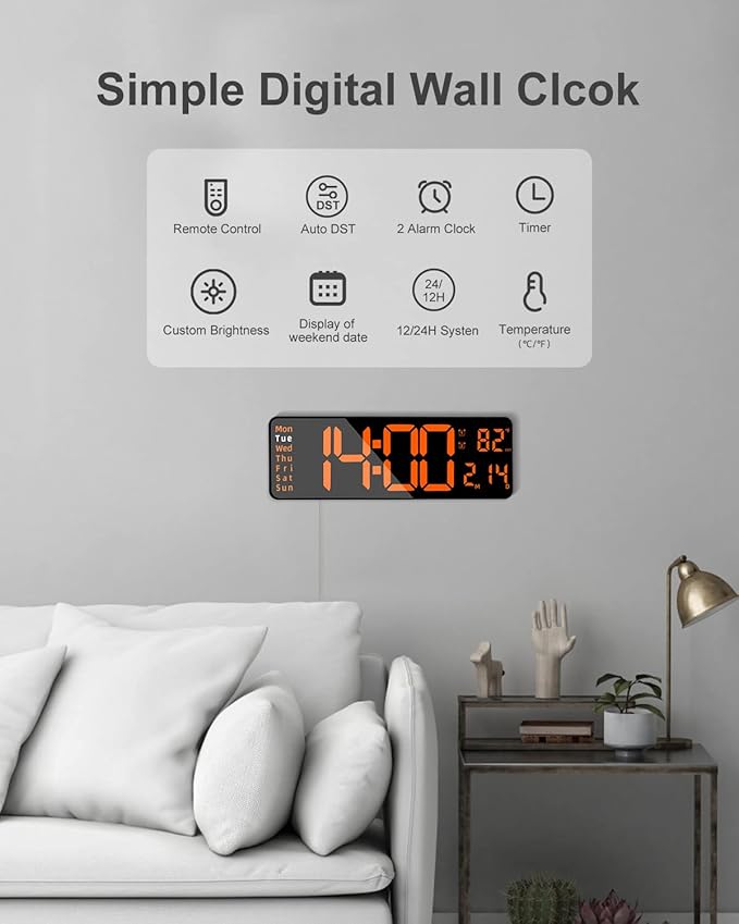 JoFomp Large Display Digital Alarm Clock for Bedroom, Living Room and Office - LED Electronic Clock with DST, Temperature Display - Dimmer & Battery Backup - Modern Desk and Wall Clock (Orange)