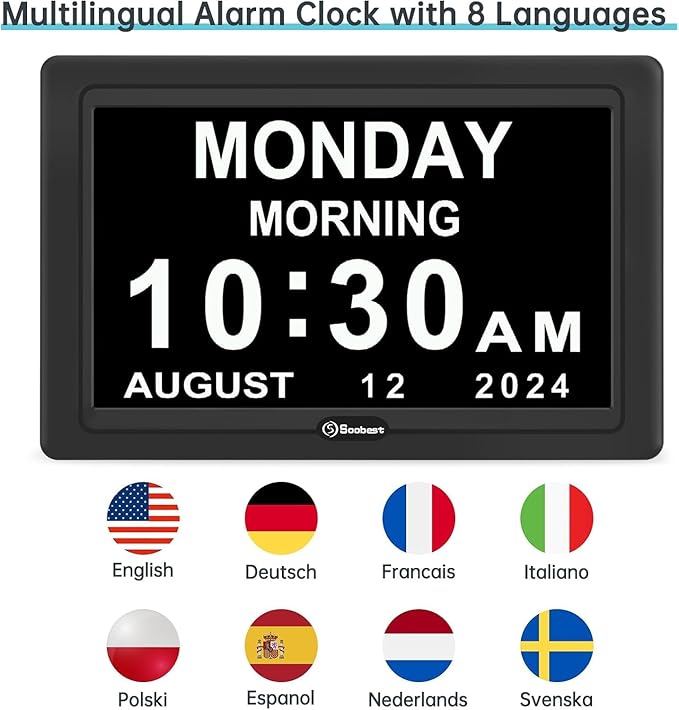 Soobest Dementia Digital Clock for Seniors Elderly, 20 Alarm Reminders 3 Ringtones for Memory Loss Alzheimers, Electric Time Date Day Large Display Calendar Clock, Auto DST, 1024 * 600P HD
