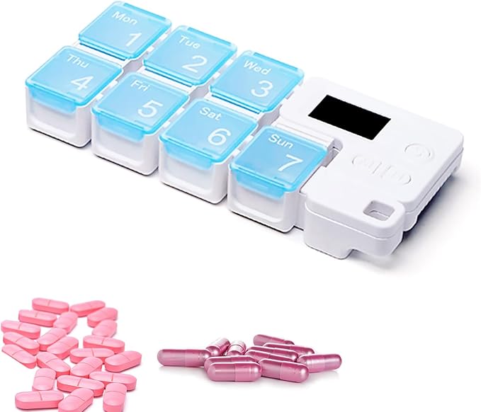 7 Days Pill Dispenser Organizer with Reminder Alarm,Daily Medicine Dispenser,Portable Weekly Pill Box,Travel Vitamins Fish Oils Small Supplements Medicine Box Case (Blue)