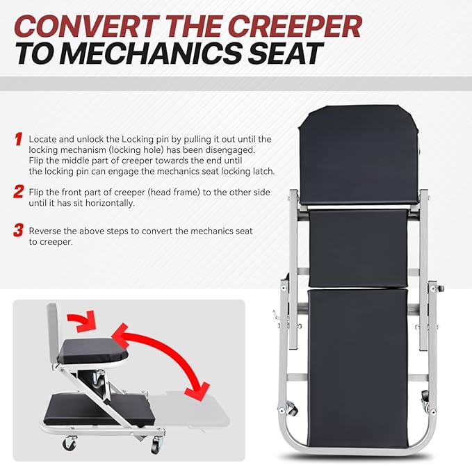 Foldable Rolling 2-in-1 Z Creeper & Seat, 36" Low-Profile Roller Mechanics Under Car Chair 330 LBS Weight Capacity Garage Roller Creeper with 6 Swivel Casters