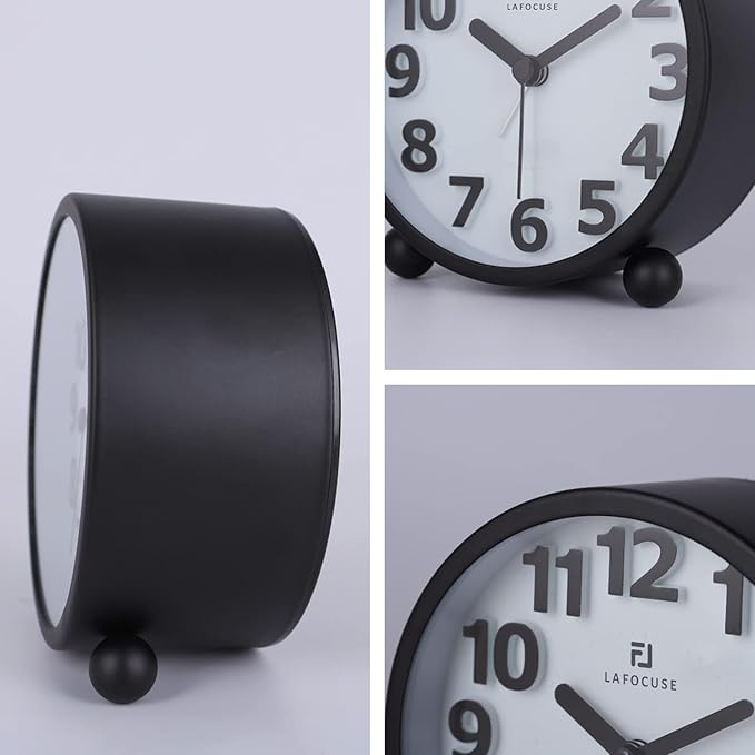 Lafocuse Metal Large 3D Numerals Easy to Read Analog Alarm Clock for Heavy Sleepers with Night Light and Snooze Function, Silent Black Bedside Clock for Bedroom Desk Shelf Table, 4 Inch
