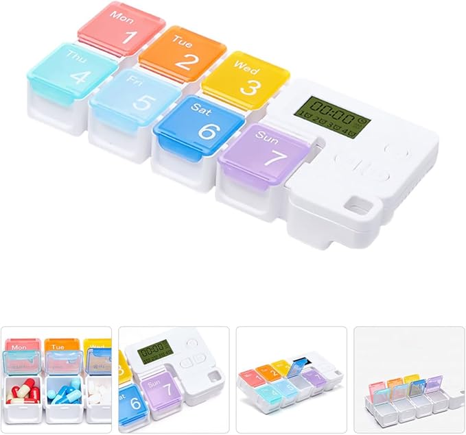 Ciieeo Weekly Electronic Pill Organizer with 7 Compartments, Portable Compact Medicine Case with Removable Boxes and Timed Alarm Reminder, Sealed Storage for Daily Vitamins and