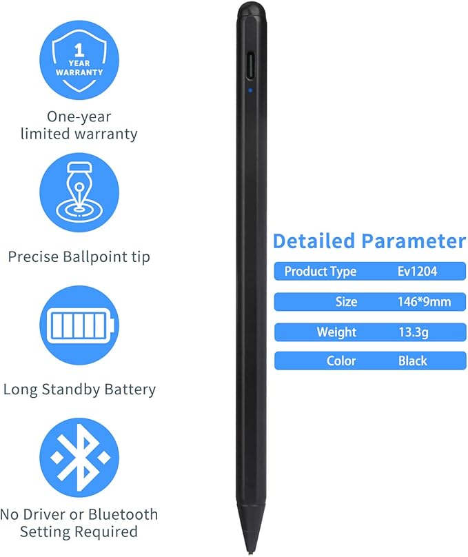 iPhone 15/14/13/12 Pro Max Stylus Pencil,Active Digital Pen Type C Recharge with 1.5mm Ultra Fine Tip Stylus Pens for iPhone 15/14/13/12 Pro Max Drawing/Notes,Black