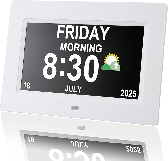 Digital Clock for Seniors with Day Date Time Large Display - 7 Inch Large Print Dementia Clock for Memory Loss and Visually Impaired, 12 Alarm Options, Non-Abbreviated, White