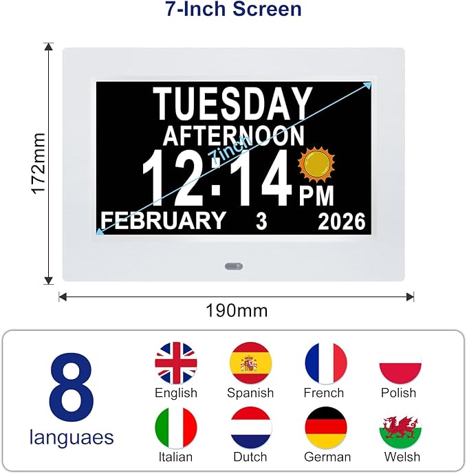 KASTISS Dementia Digital Clock for Seniors 7" Large Display Clock with Day and Date for Elderly Easy to Use 15 Alarms 5 Colors Auto Dimmable Alarm Clock for Bedroom Classroom Senior Gifts (White)