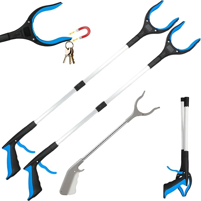 3 Pack Grabber Tool - 32 Inch (2 Pcs) Foldable with Magnet & 16 Inch (1 Pc) Fixed, 360° Rotating Jaw on All, Durable Litter Picker & Reacher for Elderly & All Users