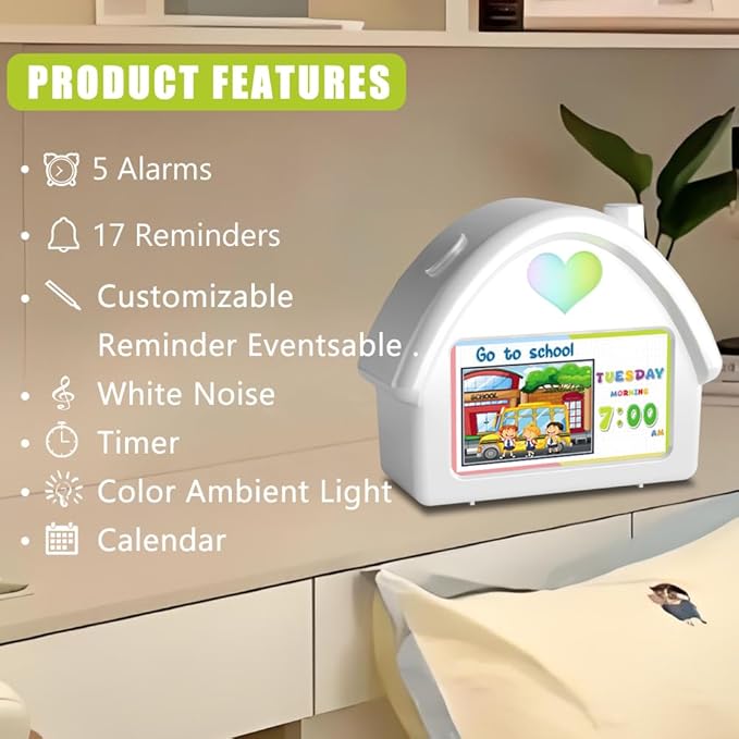 Kids Alarm Clock with 4.3'' HD Digital Screen, Calendar Countdown Ambient Lighting White Noise Remote Control Function Perfect for Kids