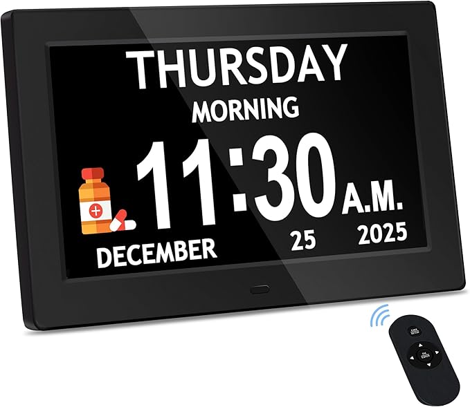 Black+White Set - 10.1'' Dementia Clock for Seniors (2-Pack), Large Digital Display with Date/Time/Day, for Elderly/Alzheimer's, HD 1280*800, 10 Reminders & 6 Alarms, Auto Dimming, Remote Control