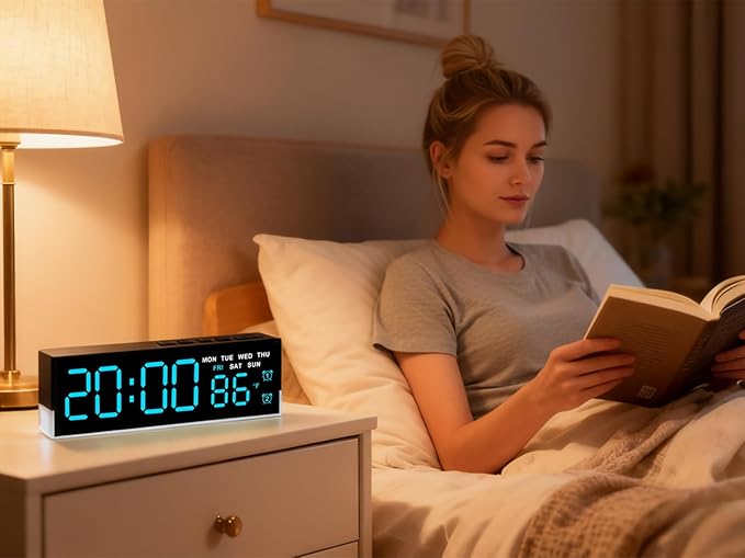 45MinST 7-Inch LED Digital Alarm Clock with Bottom Glow Light｜Displays Time, Date, Day, Temperature｜Dual Alarms, DST, Auto/Manual 3-Level Brightness, Battery or USB Powered Desk Clock,Blue