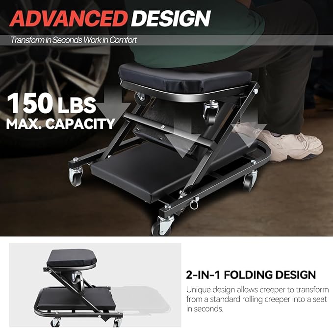 Foldable Creeper, 2-in-1 Rolling Garage Z Creeper Car & Seat, 40" Roller Mechanics Under Car Chair, 330 LBS Weight Capacity Heavy Duty, Black
