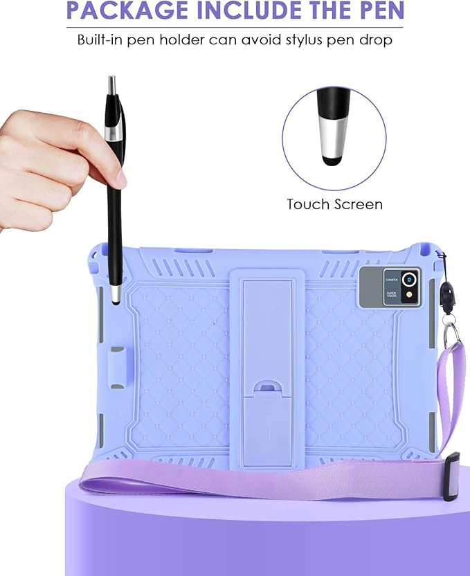 DETUOSI Silicone Case for Okaysea 10.1 inch Tablet with Stylus Pen & Shoulder Strap, Multi-Angle Stand Case, Soft Lightweight Protcetive Cover for QunyiCO 10.1, Moderness MB1001 10.1, Light Purple