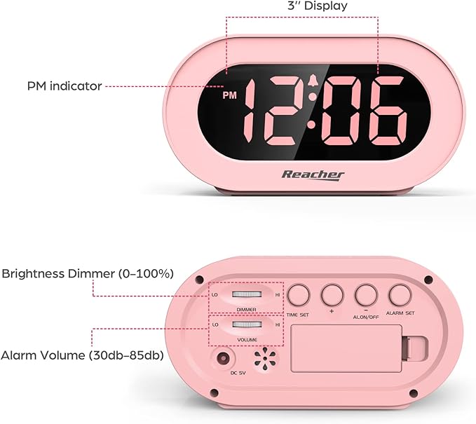REACHER Pink Girls Alarm Clock for Kids Bedroom, Dimmable LED Digital Display, Outlet Powered, Adjustable Volume, Simple to Use, Snooze, Small Size for Bedside, Desk, Toddler