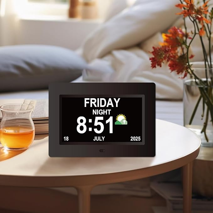 Digital Clock for Seniors with Day Date Time Large Display - 7 Inch Large Print Dementia Clock for Memory Loss and Visually Impaired, 12 Alarm Options, Non-Abbreviated, Black