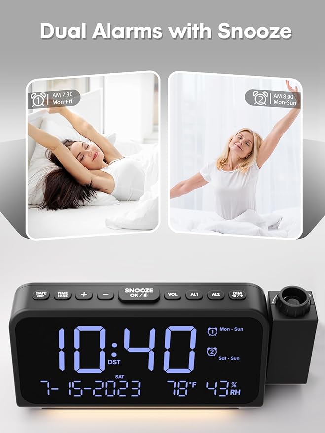 ROCAM Projection Alarm Clock, Digital Clock with 180° Projector on Ceiling Wall, Dual Loud Alarm Clocks for bedrooms with Weekday/Weekend Mode,2 USB Ports, Dimmer, Temp, Humidity, Night Light, Snooze