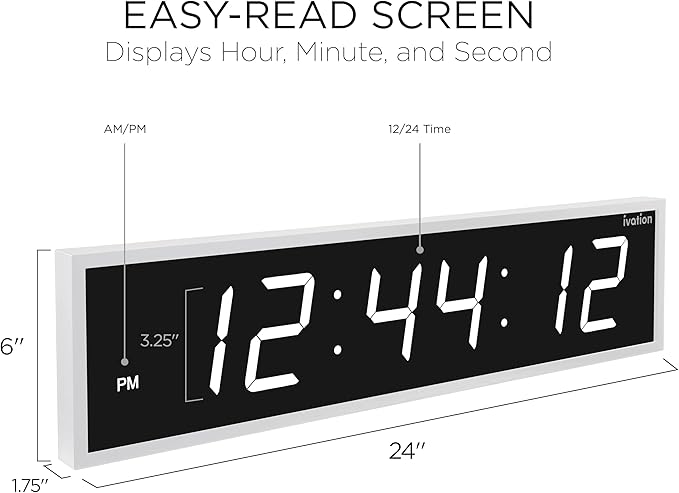 Ivation Oversized Large Digital Wall Clock - Big LED Digital Clock w/Large Display & Durable Aluminum Frame Shelf or Wall Mount (24 Inch - White) 6 Brightness Levels | Time Memory | Remote