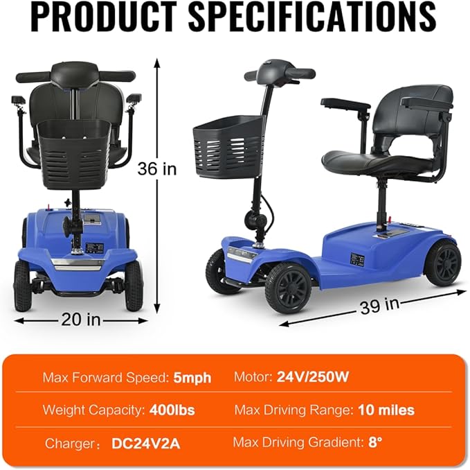 Mobility Scooter for Adults&Seniors - Electric Powered Wheelchair Device - 400 lb Capacity Compact Heavy Duty Mobile for Travel, Adults, Elderly - Long Range Power Extended Battery -Blue