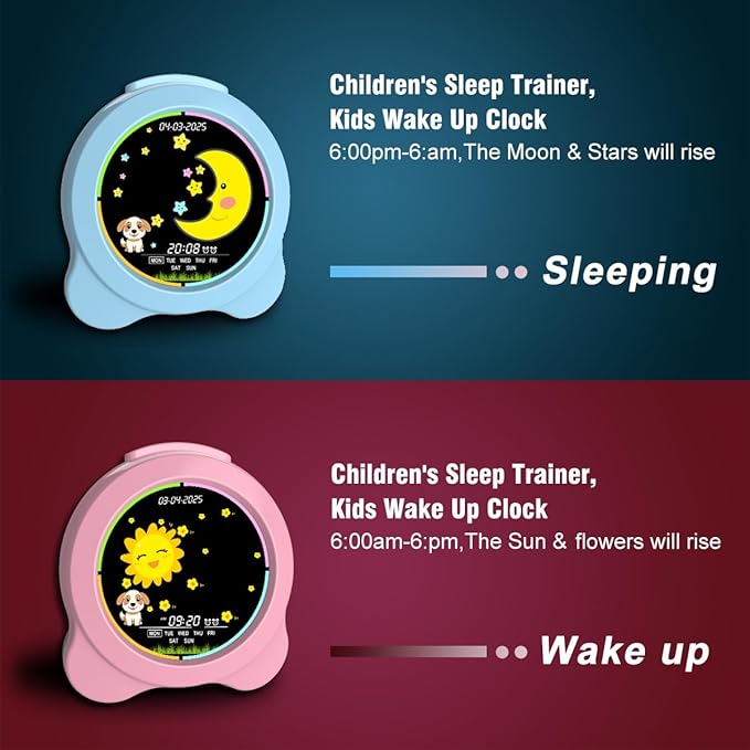 Kids Alarm Clock Sun & Moon LED Display with Day & Date OK to Wake Clock with Night Light for Kids Children's Sleep Trainer Gift for Boy and Girls (Pink)