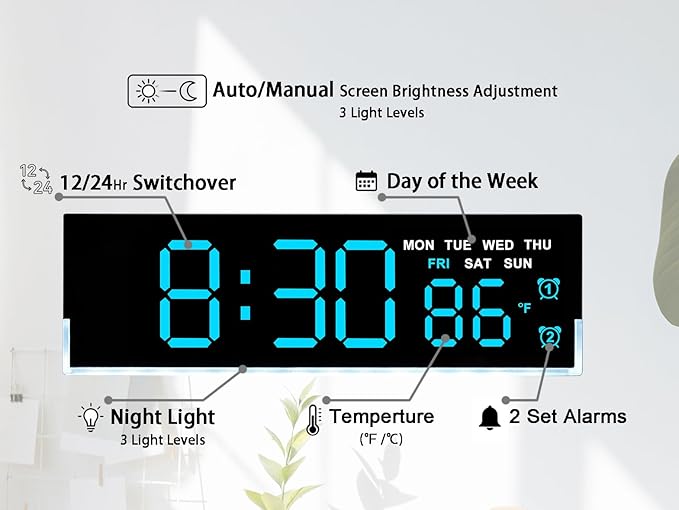 JENLYSTIME 7 Inch LED Digital Alarm Clock with Dual Alarms & Bottom Glow｜Displays Time, Date, Day, Temperature｜3-Level Auto/Manual Brightness, DST, USB or Battery Powered Modern Desk Clock (Blue)
