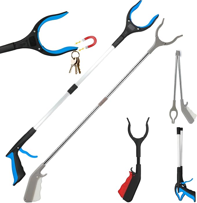3-Pack Grabber Reacher Tool: 32" Foldable Aluminum (Magnetic) & Stainless Steel Reachers, 12" Mini Iron Grabber, 360° Rotating Trash Picker Upper for Seniors & Daily Use (Blue, Gray, Black)