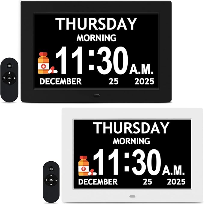 Black+White Set - 10.1'' Dementia Clock for Seniors (2-Pack), Large Digital Display with Date/Time/Day, for Elderly/Alzheimer's, HD 1280*800, 10 Reminders & 6 Alarms, Auto Dimming, Remote Control