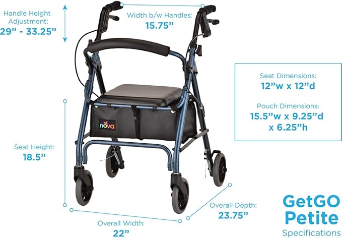 NOVA GetGo Petite Ultra Narrow Rollator Walkers for Seniors with Seat, Lightweight Walker for Elderly, Only 13 lbs, Narrow Frame, Folding Walker with Wheels and Seat, Extra Lightweight, Color Blue