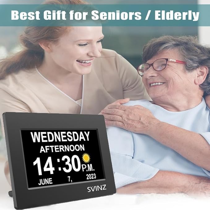 SVINZ Dementia Clock for Seniors, Large Number Digital Calendar Clock with Date and Day of Week for Elderly Alzheimer, 20 Custom Alarms and Tags