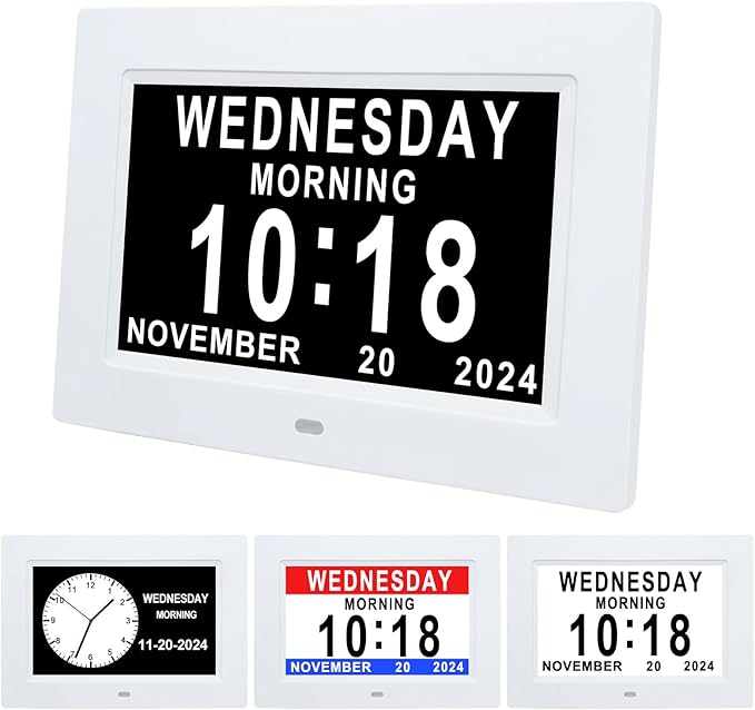 Johnziny 7 Inch Digital Clock with Day and Date for Elderly Large Display for Elderly Dementia Clock Customizable Alarms, 12 Alarms,4 Colors Display Digital Calendar Alarm Clock (White)