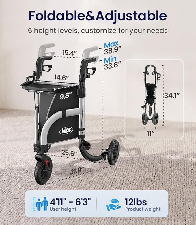 VOCIC 3 Wheel Walkers for Seniors,Z25 Pro Foldable Rollator with 8" Airless Tires & Non-Slip Tray, Cane Holder & Cup Holder, Lightweight Three Wheel Rolling Walker Height Adjustable, Supports 300 lbs