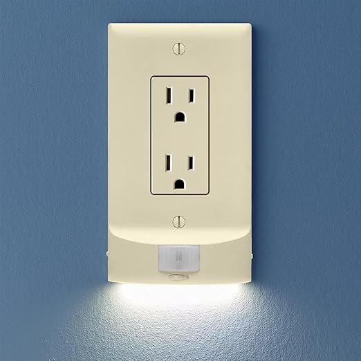 3 Pack - SnapPower MotionLight [for Décor Outlets] - Motion Detecting LED Night Lights Built-in to Wall Plate - Bright/Dim/Off Options - Auto On/Off Sensor - (Décor, Light Almond)
