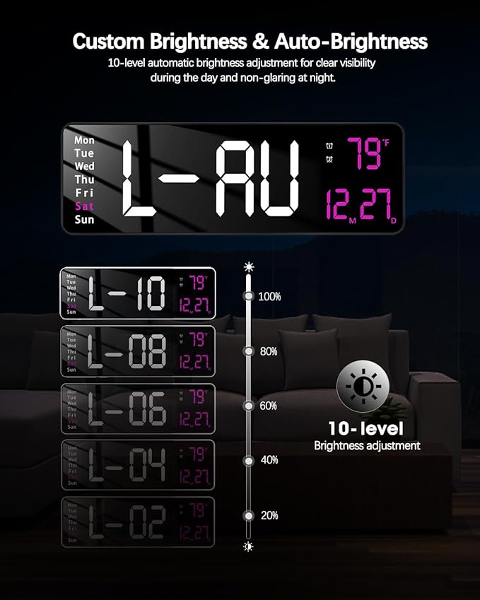 JoFomp Modern 16" Large Digital Wall Clock with Remote Control, LED Display, Auto-Dimming, Countdown, Temperature, Calendar - 12/24Hr Format - Silent Wall Clock for Home, Office, or Gym Use (Pink)