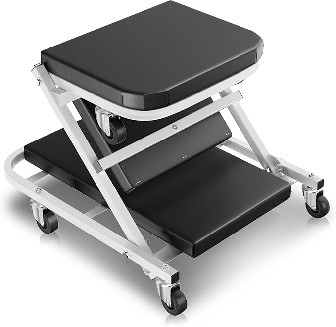 Auto Dynasty 40" Z-Creeper Seat, 2-in-1 Foldable Garage Creeper Shop Seat, 330 LBS Capacity Automotive Mechanic Repair Under Car Rolling Creeper Seat, Silver