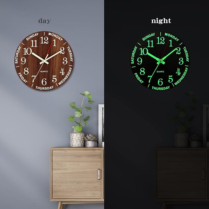 Wall Clock 10 Inch Brown Weekly Wall Clock Silent Battery Operated Luminous Hands Retirement Elderly Wooden Glow in The Dark Clock