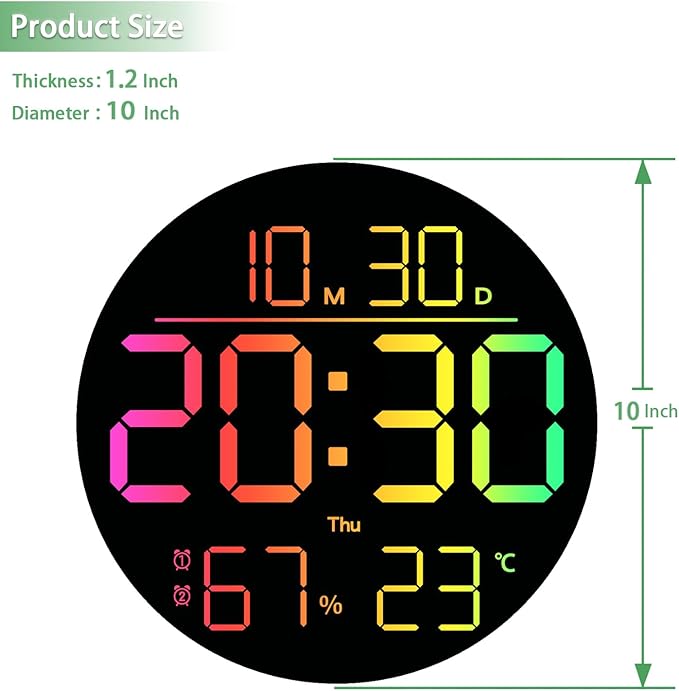 10-Inch RGB LED Digital Wall Clock with Temperature, Humidity, and Date Display｜Dual Alarms, Countdown Timer, 11 Backlight Colors, Auto Brightness, Silent Operation｜Modern Decor for Home&Office