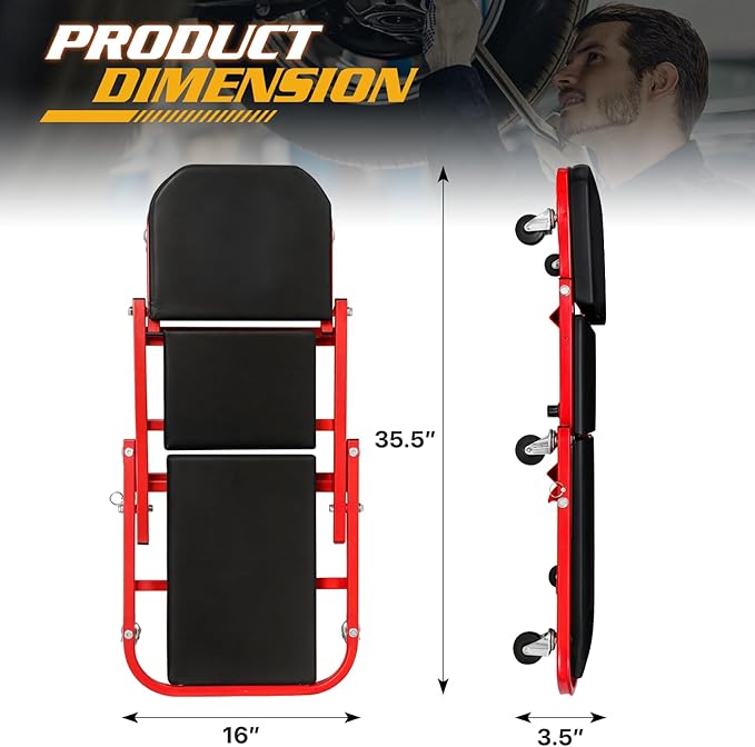 Magshion 36" Triplex Folding Creeper 2-in-1 Garage Foldable Creeper and Seat, Low Profile Mechanic Creeper with 6 Caster Wheels - 330 lbs Capacity (Red)