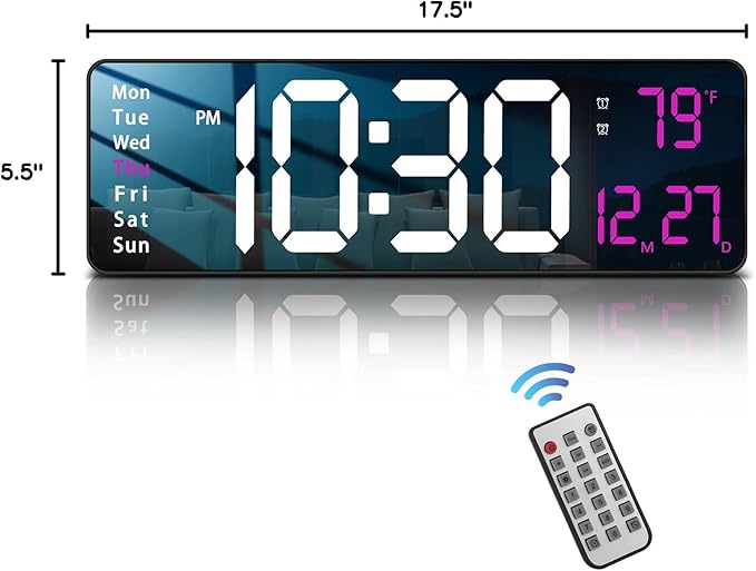 JoFomp Modern 16" Large Digital Wall Clock with Remote Control, LED Display, Auto-Dimming, Countdown, Temperature, Calendar - 12/24Hr Format - Silent Wall Clock for Home, Office, or Gym Use (Pink)