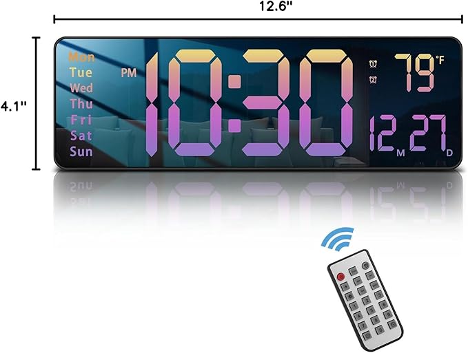 JoFomp Modern 16" Large Digital Wall Clock with Remote Control, LED Display, Auto-Dimming, Countdown, Temperature, Calendar - 12/24Hr Format - Silent Wall Clock for Home, Office (Gradient Pink)