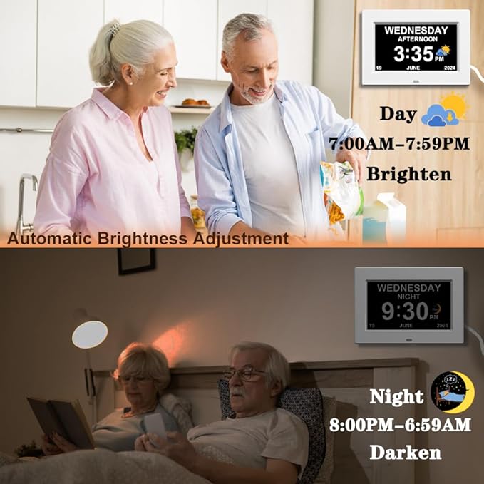 AINFTIME DST Digital Clock with Date and Day of Week for Elderly-12 Alarms Medication Reminder Dementia Alzheimers Clock Calendar with Extra Large Display No Power Adapter (7 inch White)