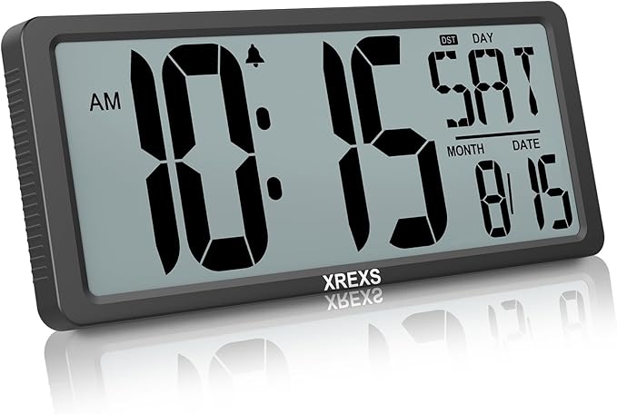 XREXS Large Digital Wall Clock, Battery Operated Alarm Clocks for Bedroom Home Decor, Count Up & Down Timer, 14.17 Inch Large LCD Screen with Time/Calendar/Temperature Display (Batteries Included)