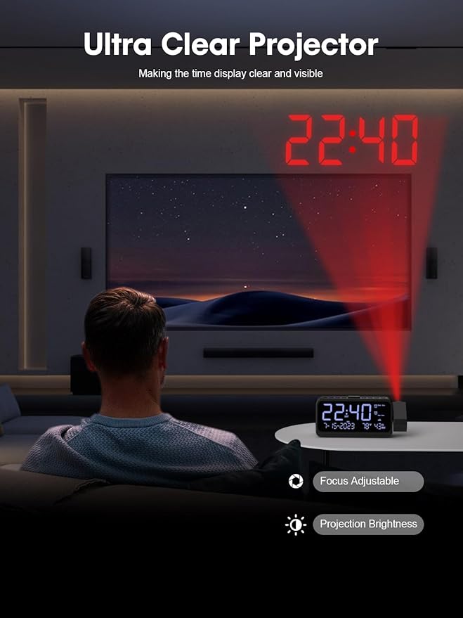 ROCAM Projection Alarm Clock, Digital Clock with 180° Projector on Ceiling Wall, Dual Loud Alarm Clocks for bedrooms with Weekday/Weekend Mode,2 USB Ports, Dimmer, Temp, Humidity, Night Light, Snooze