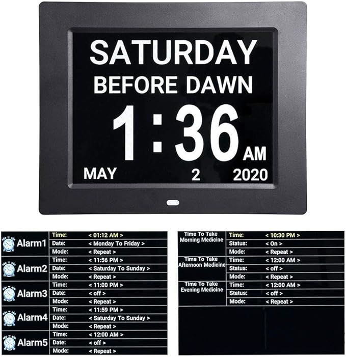 Yescom 8 Inch Large Digital Calendar LCD Day Clock for Elderly, 8 Alarms Options Dimmable Dementia Clock for Seniors Day & Date w/Large Number,Easy to Read, Home Wall Table Black