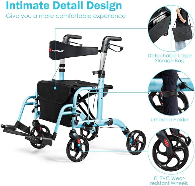 GOPLUS 2 in 1 Rollator Walkers for Seniors, Folding Rollator Walker with Seat, 8-inch Wheel Medical Drive Walker Wheelchair Combo with Backrest, Adjustable Handle for Adults, Aluminium Frame