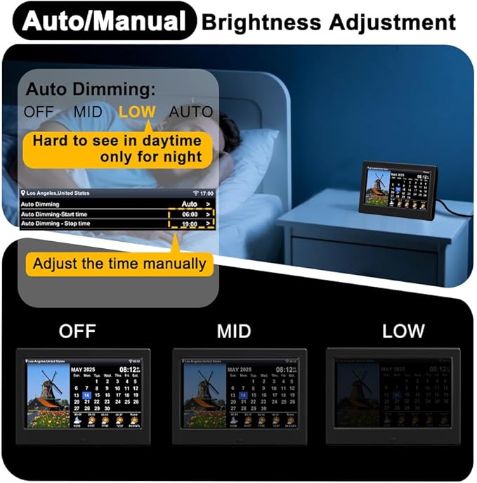 Digtial Calendar Clock with Day and Date Alarm Clock with Weather Temperature Humidify Dementia Alzheimers Elderly Auto Dimmable 8 Alarm Options (Black,7in Weather Clock)