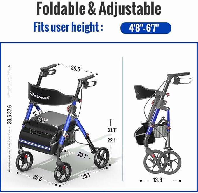 Foldable Rollator Walkers with Seat for Seniors, Lightweight Rollator Walker with 8" Big Wheels, Height Adjustable Ergonomic Rolling Walker Seat, Aluminum and Carbon Steel (Blue)