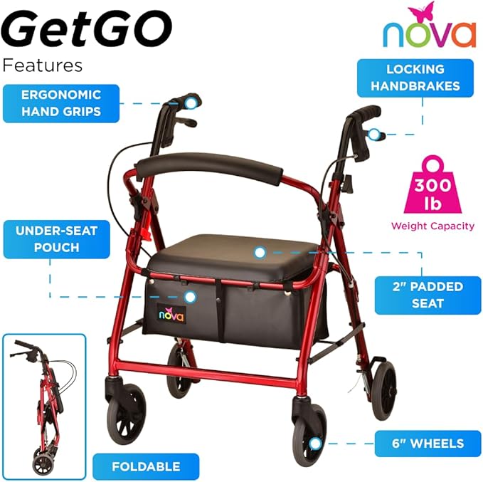 NOVA GetGo Junior Rollator Walker (Petite Size), Rolling Walker for Height 4'10" - 5"4", Seat Height is 18.5 Inch, Color Red