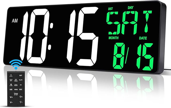17 Inch Large Digital Wall Clock with Remote Control, Automatic Brightness Dimmer Digital Wall Clock Large Display with Day/Date/Temperature, Snooze, Count Up & Down Timer for Living Room, Office, Gym